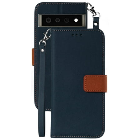 Wallet Phone Case for Google Pixel 6 Pro, [Navy Blue/Brown] Folio Credit Card Slot ID Cover, View Stand [Magnetic Closure, Wrist Strap Lanyard]