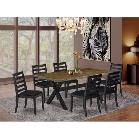 East West Furniture X677X1624-7 - 7-pc dining room set - a wooden table & 6 stackable dining chairs with Black Linen Fabric- Wire-brushed Black