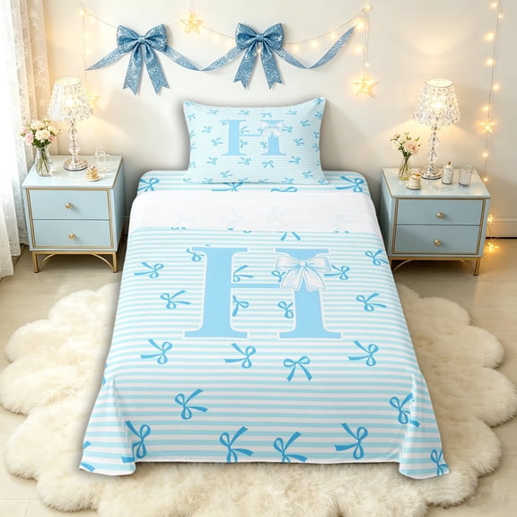 Manfei Kids Blue Letter Monogrammed H Twin Sheet Sets 3pcs,Cartoon Bowknot Stripes Bedding for Teens Girls,Breathable Home Decor