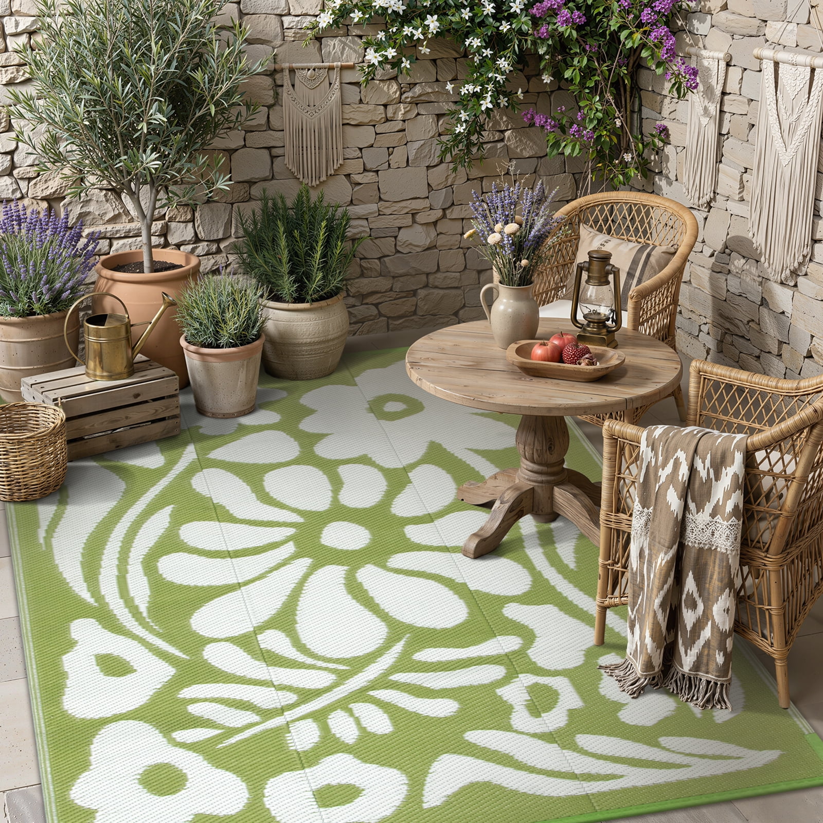Lahome Waterproof & Reversible Outdoor Rug 4'x6', Green Abstract Floral RV Camping Mat - Portable Plastic Straw Picnic Carpet for Garden Beach Deck Balcony (Green, 4'x6')