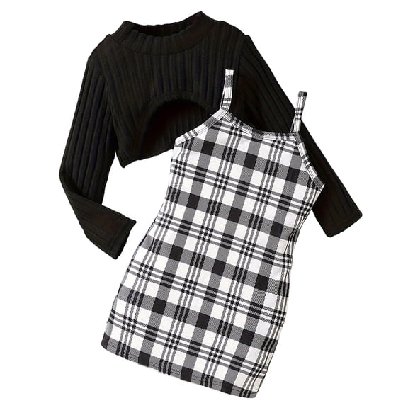 newwalpole Girl's Cute 2 Piece Outfits Print Cami Short Dress with Crop Top Tee Set Black for Size 6-7 Years