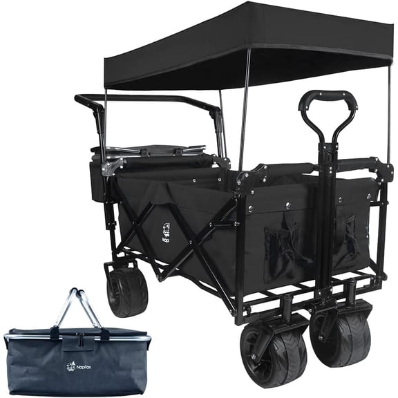 LuckyNote Collapsible Wagon 140L Folding Wagon Cart with Removable Canopy, All-Terrain Wheels with Brake, Push & Pull Handles, Cooler Bag, for Camping Beach Shopping, Black