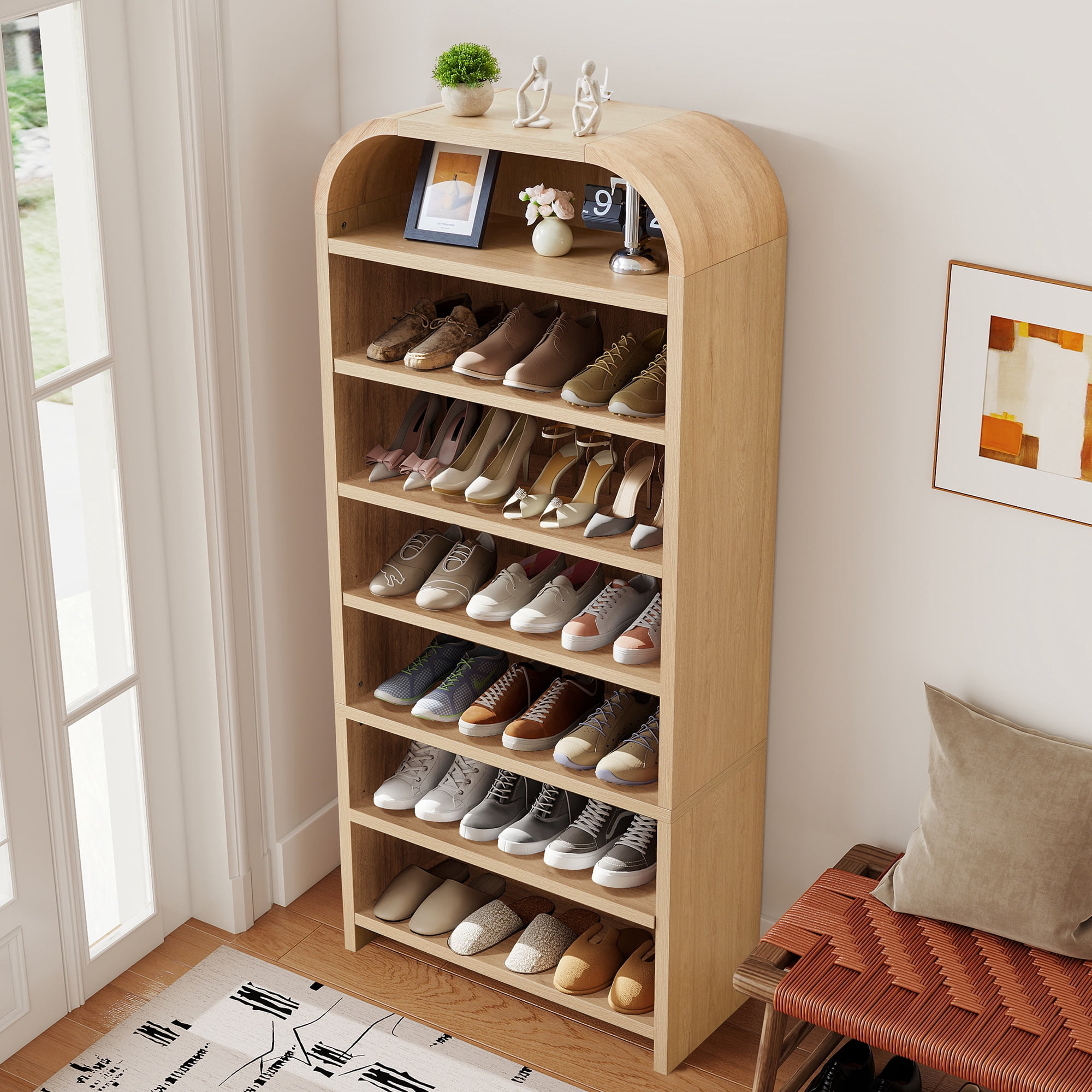 Wirrytor 7-Tier Arched Tall Shoe Cabinet, Freestanding Shoe Closet Organizer with Adjustable Shelves, Wood Rack for Entryway Hallway Bedroom, Natural