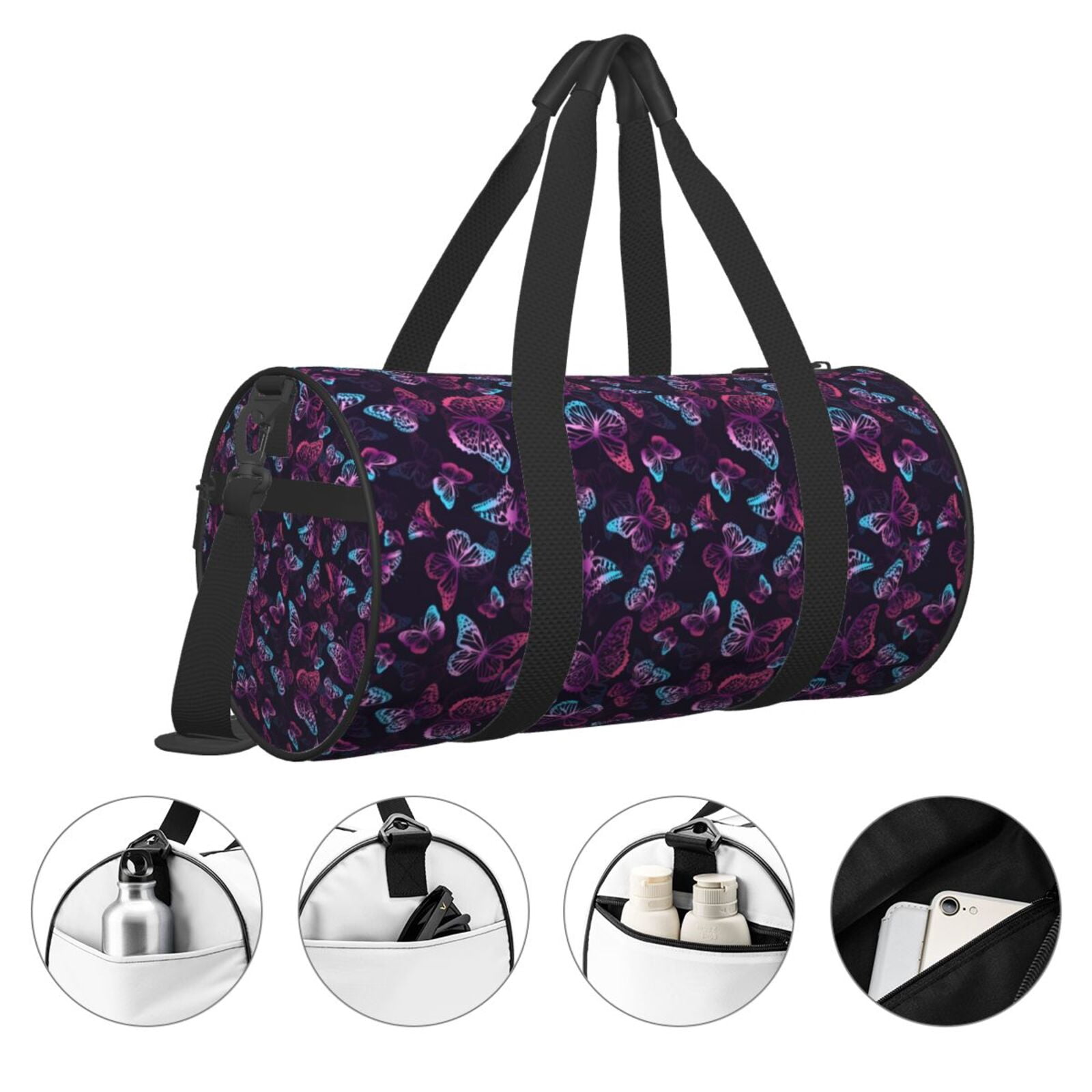 Hirioo Purple Butterfly for Round Large Capacity Travel Luggage Bag Weekend Getaway Bag for Gym Beach Swim Bag Men Women
