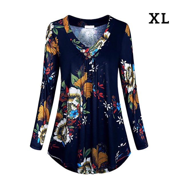 Smilepp Chemisier Femme Col en V Manches Longues Imprimé Floral Décontracté, TG, Bleu