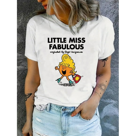 Everyday Comfort Women's "Little Miss Fabulous" Graphic Tee - Casual Short Sleeve Round Neck Top, Vibrant Orange Hair & Red Lipstick Design, Soft Cotton Blend, Machine Washable, Perfect for Spring &