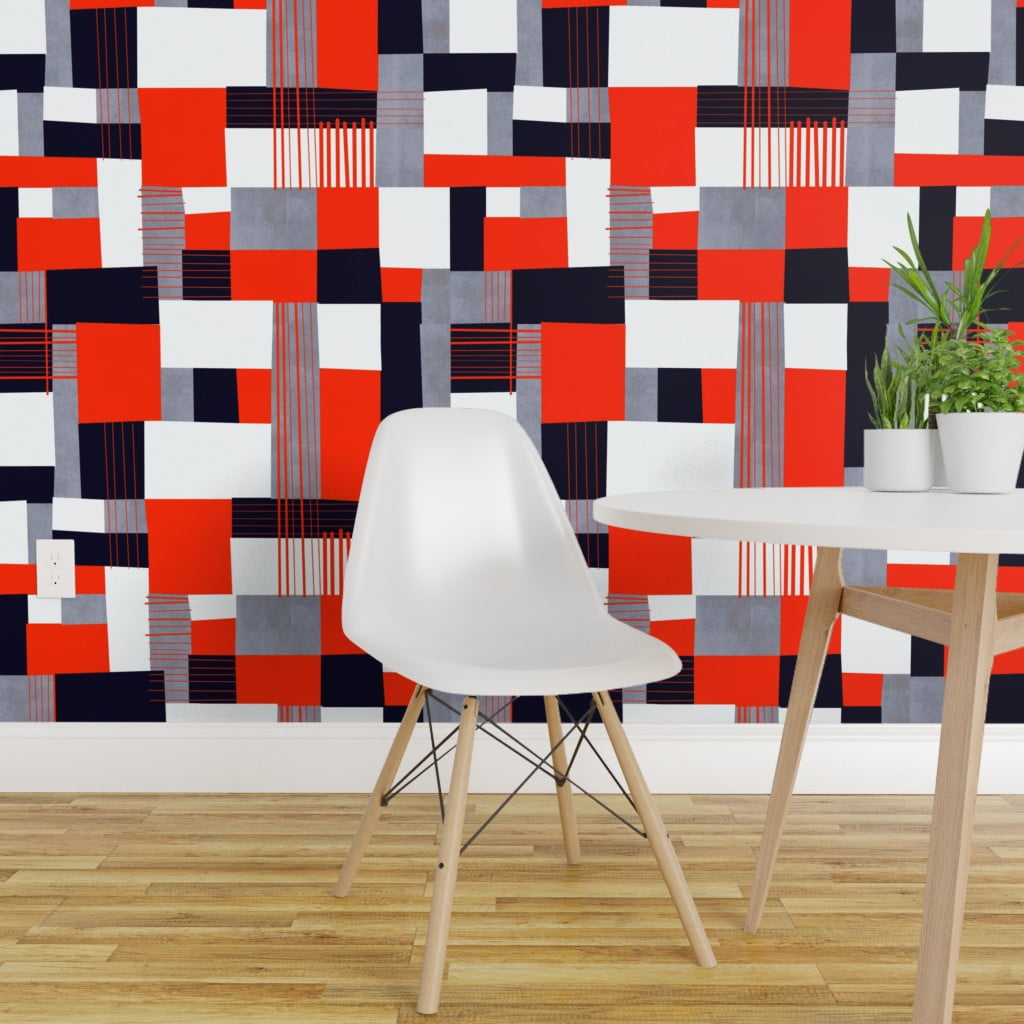 Removable Water-Activated Wallpaper Bold Geometric Abstract Tartan Red Black
