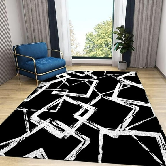 Black And White Square Area Rug, Abstract Living Room Rugs, Indoor Non-Slip Kids Rugs, Machine Washable Breathable Durable Carpet For Bedroom Study Front Entrance Floor Decor 3x4ft
