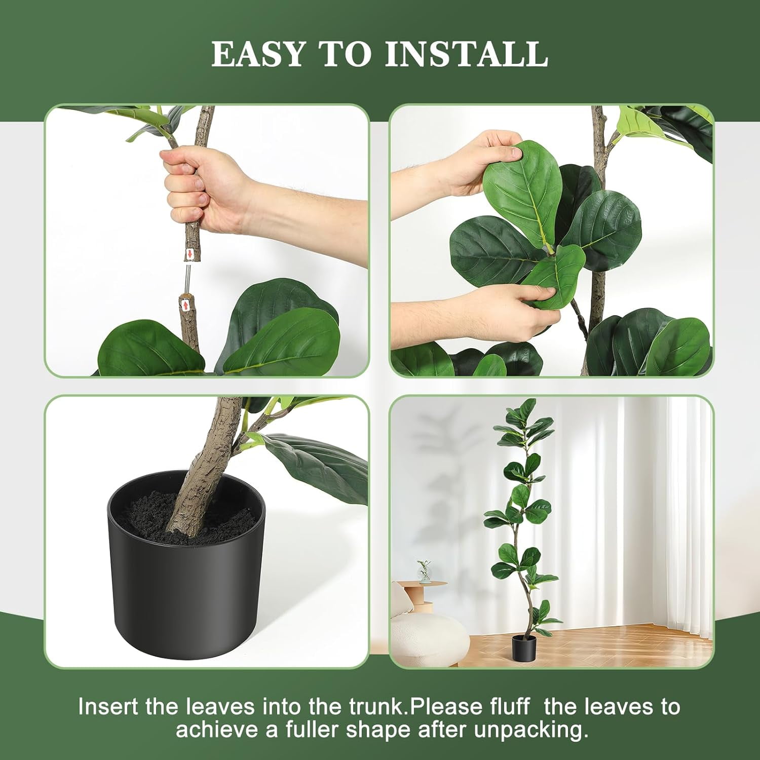 Artificial Fiddle Leaf Fig Tree - 7FT Fake Plant with White Planter and Natural Wood Trunk for Home or Office Decor - Artificial Plants Indoor