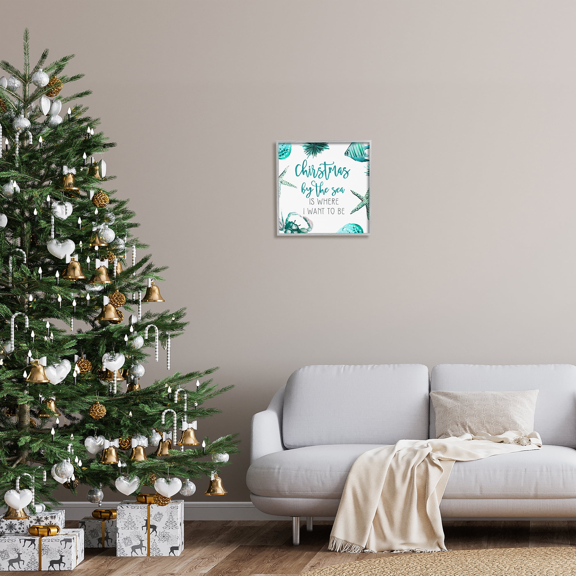 Stupell Industries Christmas By The Sea Phrase Holiday Painting Gray Framed Art Print Wall Art
