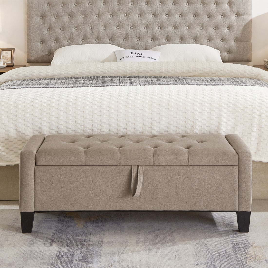GZXS 45 Inch Upholstered Storage Bench in Linen, Tufted Ottoman Seat with Side Pocket for Bedroom, Entryway, Small Apartments