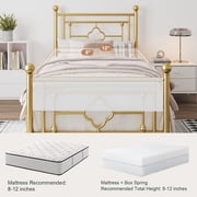 Amolife Twin Size Metal Platform Bed Frame with Vintage Cross Pattern Headboard&Footboard, Gold