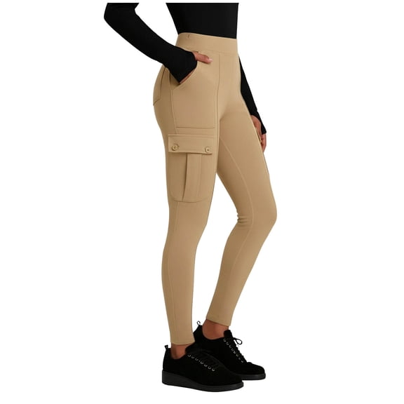 Stamzod Cargo Leggings for Women Solid Color High Waisted Tummy Control Workout Leggings Casual Yoga Pants with Pockets for Women Khaki L