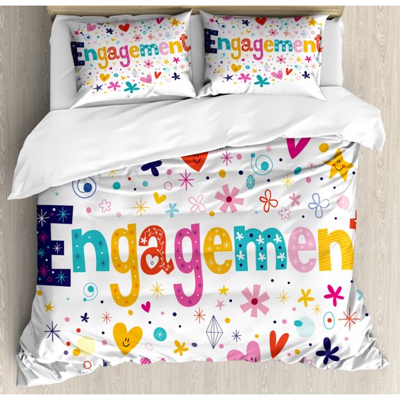 Engagement Party Duvet Cover Set Queen Size, Cartoon Patchwork Inspired Hearts Engagement Party Theme Image Art Print, Decorative 3 Piece Bedding Set with 2 Pillow Shams, Multicolor, by Ambesonne