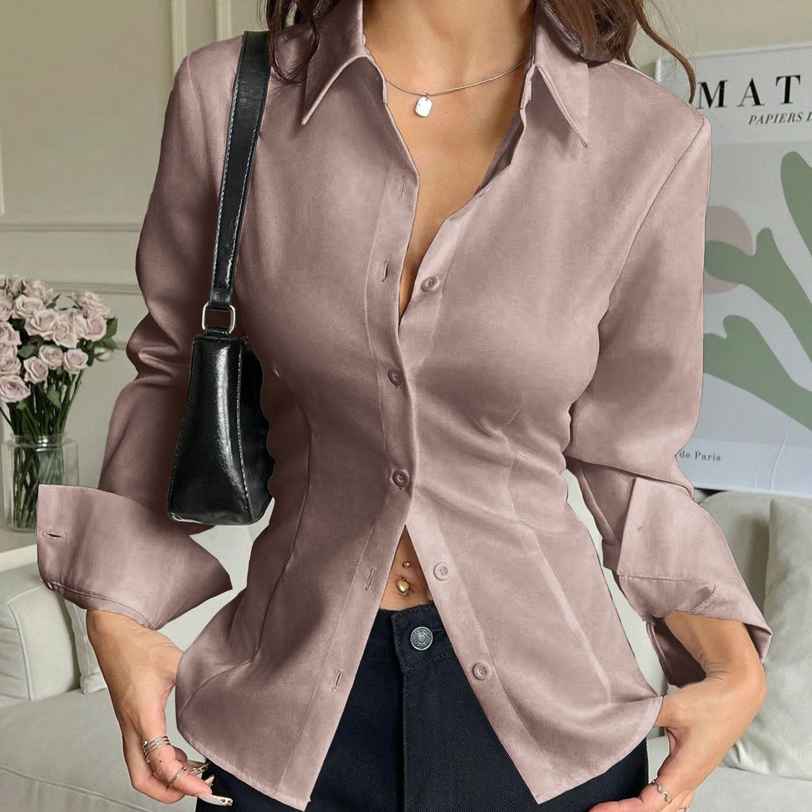 Long Sleeve Shirts for Women, Women's Long Bell Sleeve Button Down Shirt Lace Up Back Princess Line Lapel Top