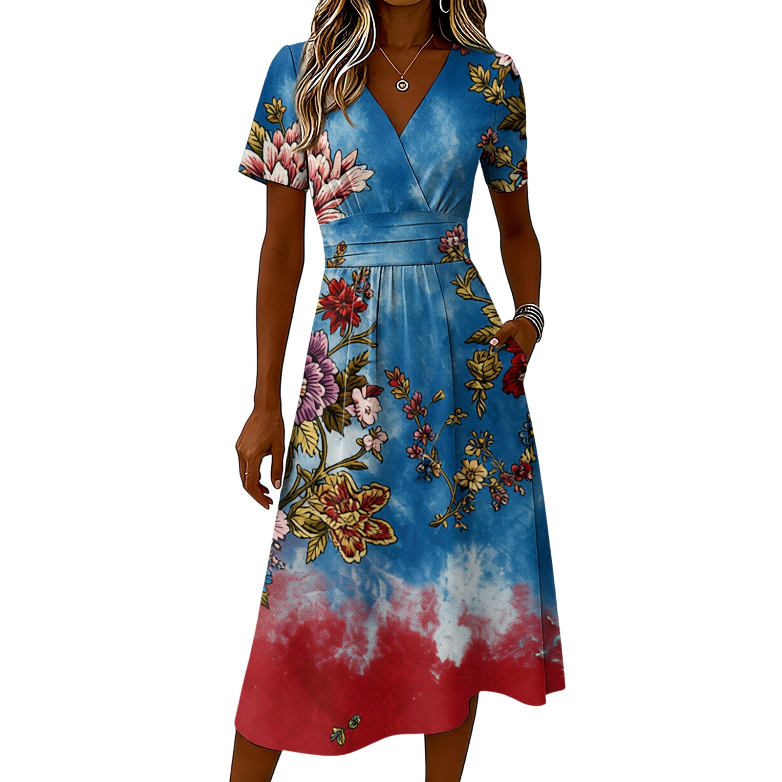 Women's America 250th Dresses Red White and Blue Print Deep V Neck Dress Short Sleeve Midi Summer Long Dresses