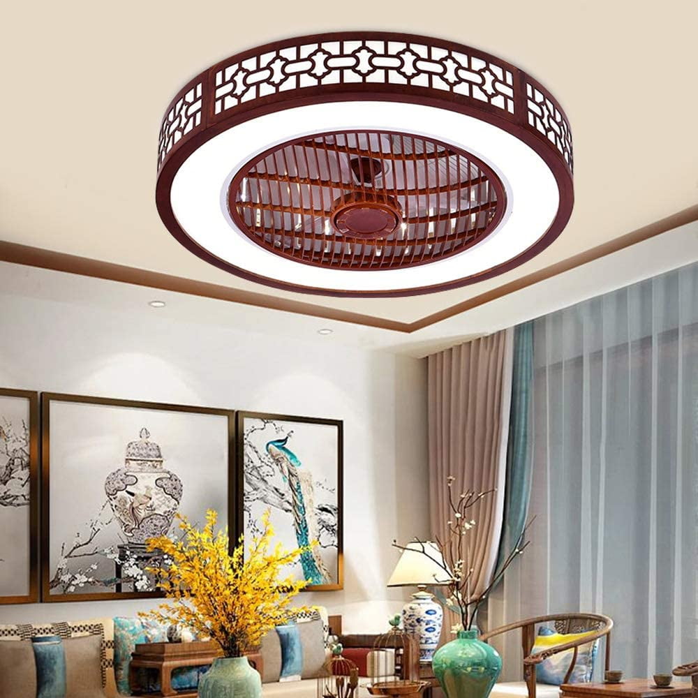 FETCOI 22 Inch Ceiling Fan with Lights, Chinese Style Invisible Flush Mount Chandelier Fan with Remote Control 2-Color 3-Speed for Living Room, Bedroom
