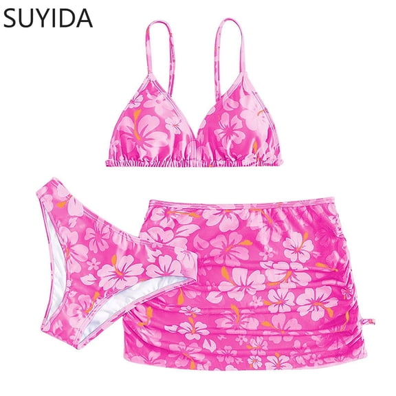 Girls Swimsuit Ruffle Bikini Sets Adjustable Straps Tankini Sets 3-Piece Cute Pattern Print Bathing Suits for Girls