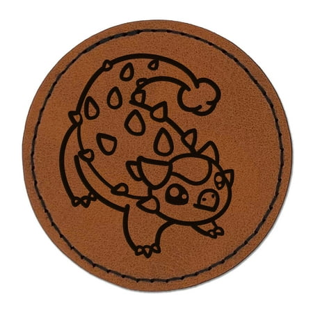 Chibi Ankylosaurus Dinosaur 2.5" Faux Leather Round Engraved Iron-On Patch - Brown