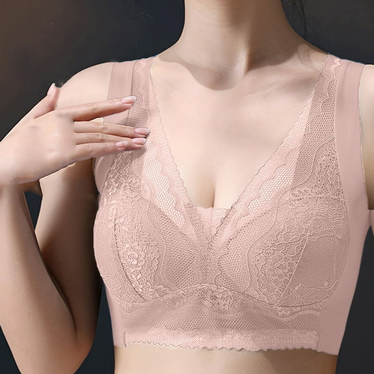Tosmy Bras For Women Women's V Neck Lace Fixed Cup Wide Shoulder Anti Droop Side  Bra Comfort Bra 