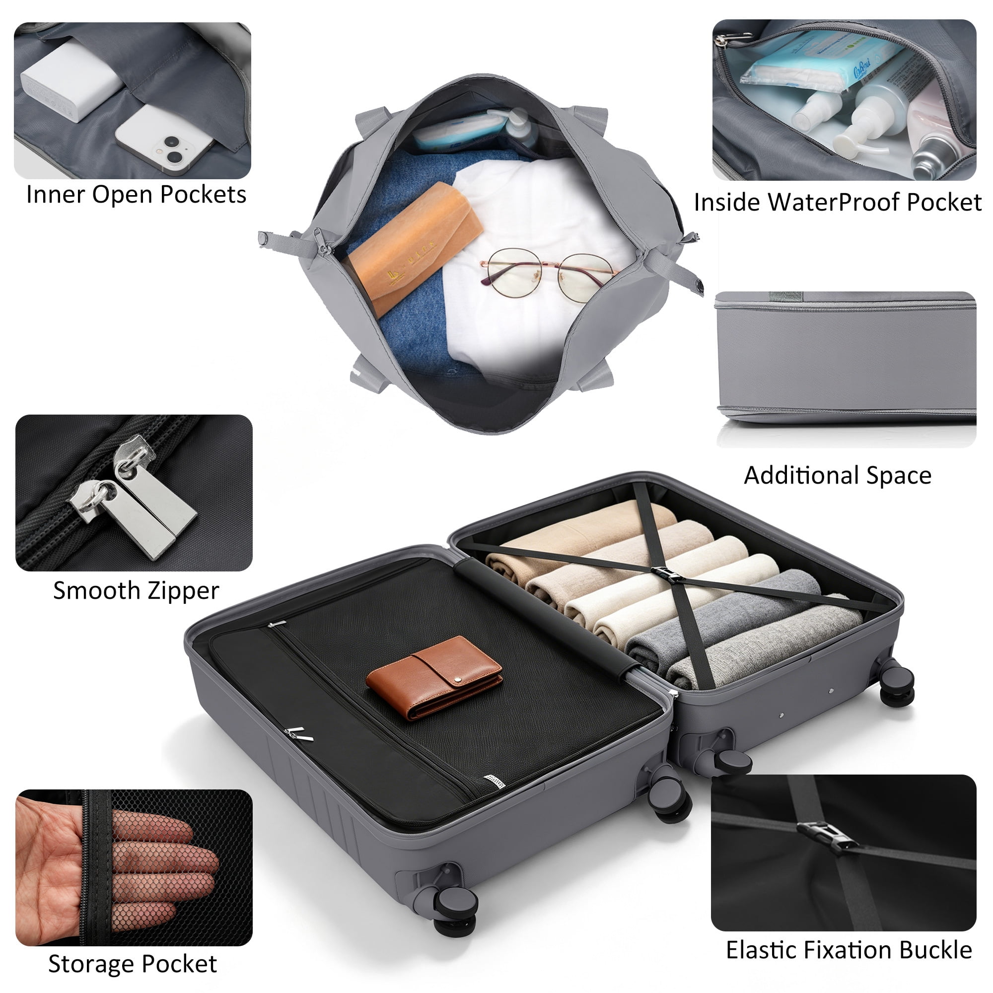 Euroco 2 Piece Luggage Sets Front-Opening, 20" Carry On Luggage with Cup Holder, USB Charging Ports,TSA Lock & Spinner Wheels,ABS Hardshell Lightweight Suitcase Set for Travel,Grey