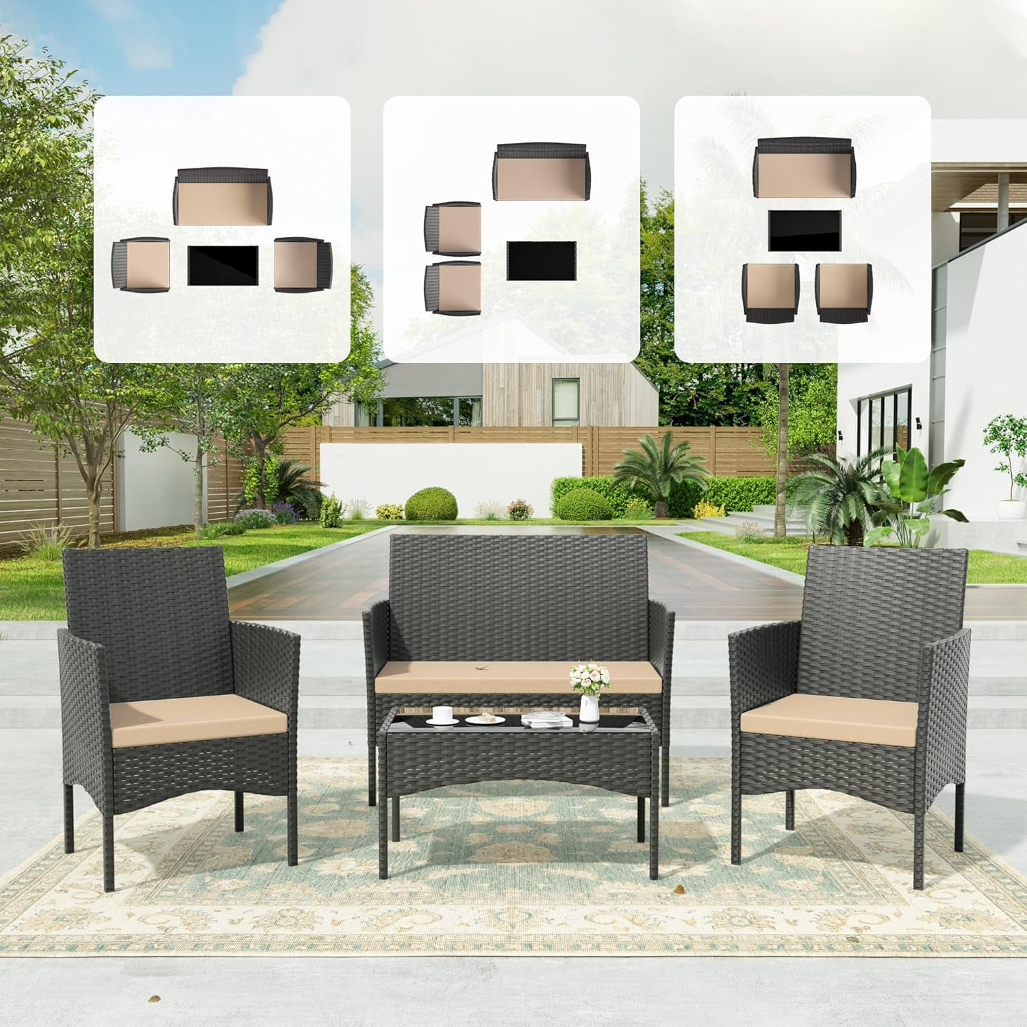 Kullavik 4 Pieces Outdoor Patio Furniture Set,PE Wicker Rattan Chairs Garden Conversation Sets with Tempered Glass Table and Soft Cushions for Lawn,Pool or Backyard,Sand