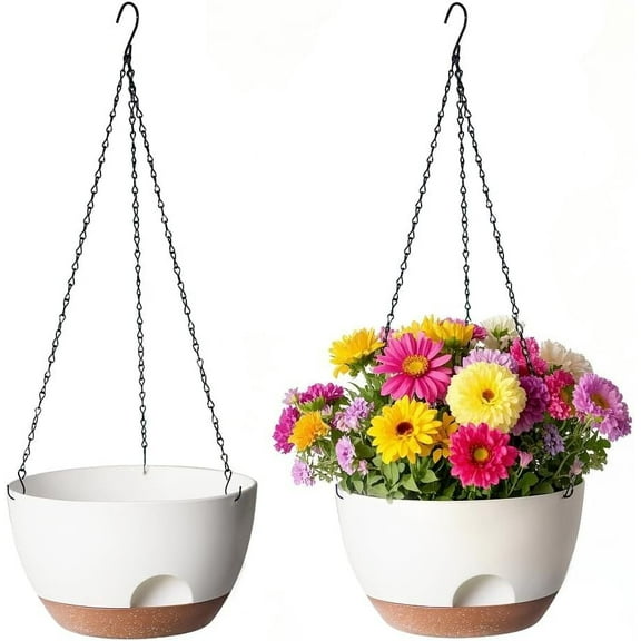 Set of 2-8 Inch Hanging Planters for Indoor Plants with Self-Watering Includes Hanging Pots for Plants, Outdoor Hanging Plant Pot with Drainage, Hanging Baskets Hangers (White, 8inch)