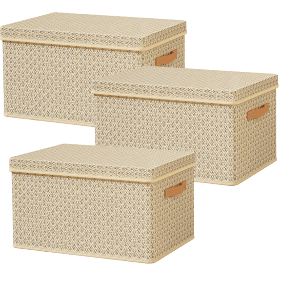MODANU Large Foldable Storage Box with Lids 3 Pack Fabric Storage Cube Organizer Cloth Containers Bins Baskets for Closet Clothes Clothing Bed Room, Beige