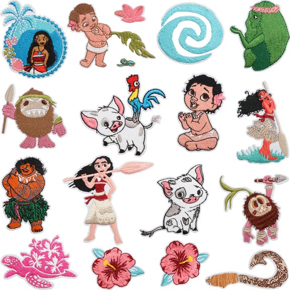 18 Pcs Moana Iron On Patches, Embroidered Appliqué Patches Iron On/Sew On for Clothing, Hats, Backpacks