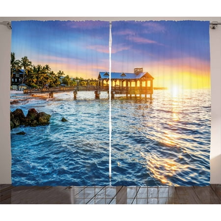 Pier 1 Bedroom - United States Curtains 2 Panels Set, Pier at Beach in Key West Florida USA Tropical Summer Paradise, Window Drapes for Living Room Bedroom, 108W X 96L Inches, Pale Blue Yellow Green, by Ambesonne
