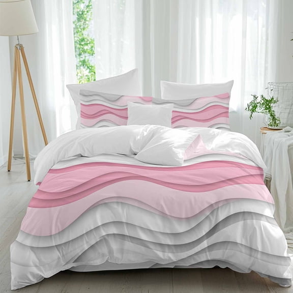 Pink Gray 4 Piece Duvet Cover Set Twin Size Ombre Water Ripple Modern Abstract Geometric Soft Bedding Set Comforter Cover, 1 Duvet Cover 1 Flat Sheets and 2 Pillowcases