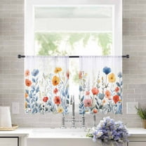 Sheer Curtains 54 inches Long, Blue Red and Yellow Poppy Watercolor Floral Light Filtering Sheer Window Curtains Rod Pocket Voile Drapes for Bedroom Living Room, 52"W x 54"L 2 Panels