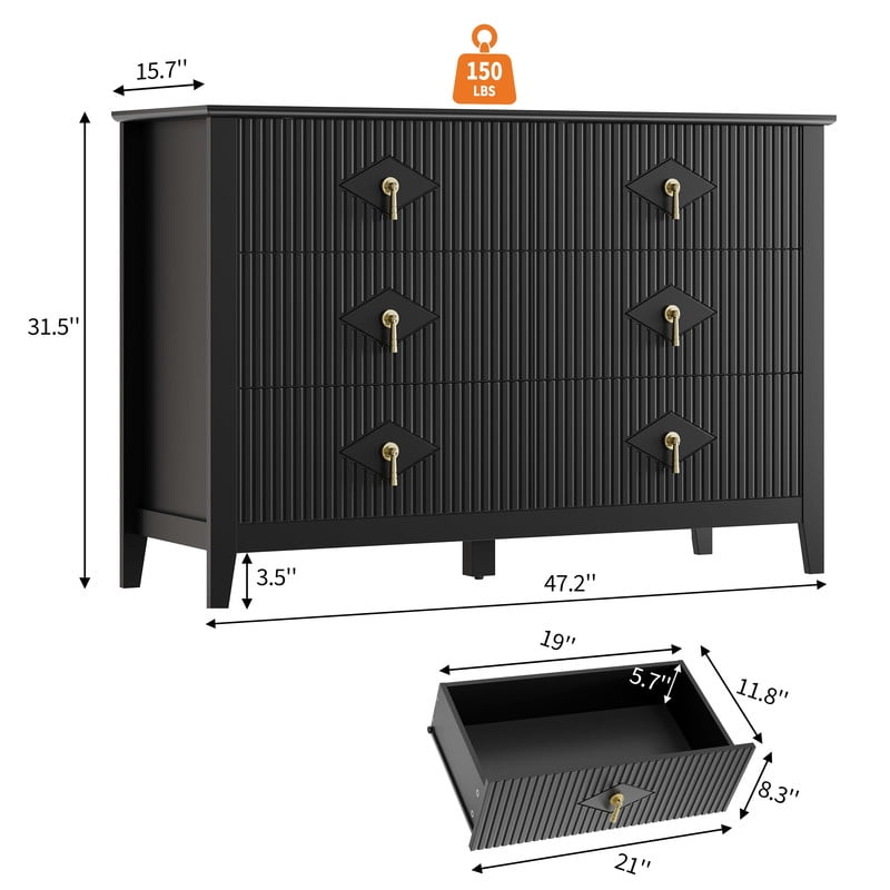 TROPOW Fluted 6 Drawers Dresser for Bedroom, 47.2" Wide Modern Chest of Drawers with Metal Handle, Wooden Dresser Organizer for Bedroom, Living Room, Hallway, Entryway