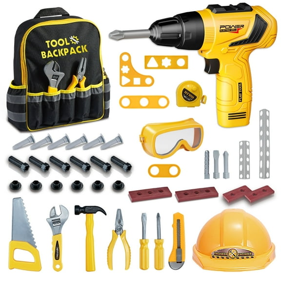 LINXUXIE 43PCS Kids Tool Set, Pretend Play Toddler Tool Toy with Construction Backpack & Electronic Toy Drill, Birthday Gifts for 3-5 5-8 Year Old