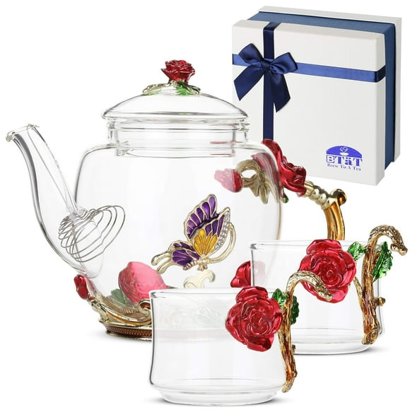 Btat- Juego De Té De Vidrio Floral, 2 Tazas Elegantes, Tetera De Vidrio De 2 Oz, Tetera De Vidrio De 13 Oz, Tetera De Vidrio, Juego De Té De Vidrio Pequeño Para Adultos, Juego De Tetera De Vidrio, Taz Brew To A Tea NA