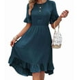 thumbnail image 2 of Women'S Short Sleeve Dresses High Waist Round Neck Solid Flounce Sleeve Ruffle Dress Blue & Green M, 2 of 8