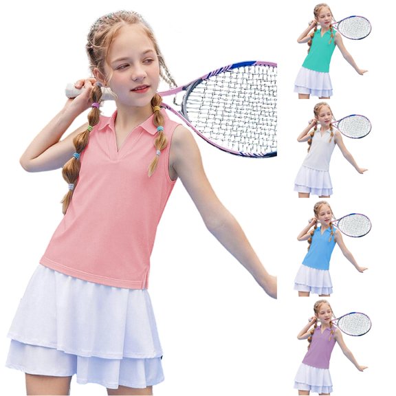 WAYUTE Shirts for Girls Athletic Sleeveless Lapel Solid Color Soft Gym Shirt for Kids Performance Tee and School Wear Casual Outdoor,Pink