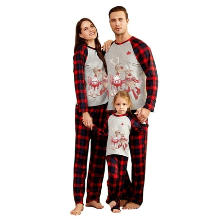 

wsevypo Christmas Family Matching Pajamas Set Adult Mens Womens Kids Bear/Deer Printed Plaid Sleepwear Nightwear