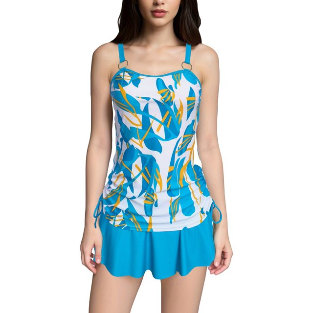 Fadeal Bathing Suit for Women Women Plus Size Tankini Swimsuits Two Piece Color Block Cutout Flowy Tummy Bathing Suits with Shorts Plus Size Bathing Suit for Women Blue M