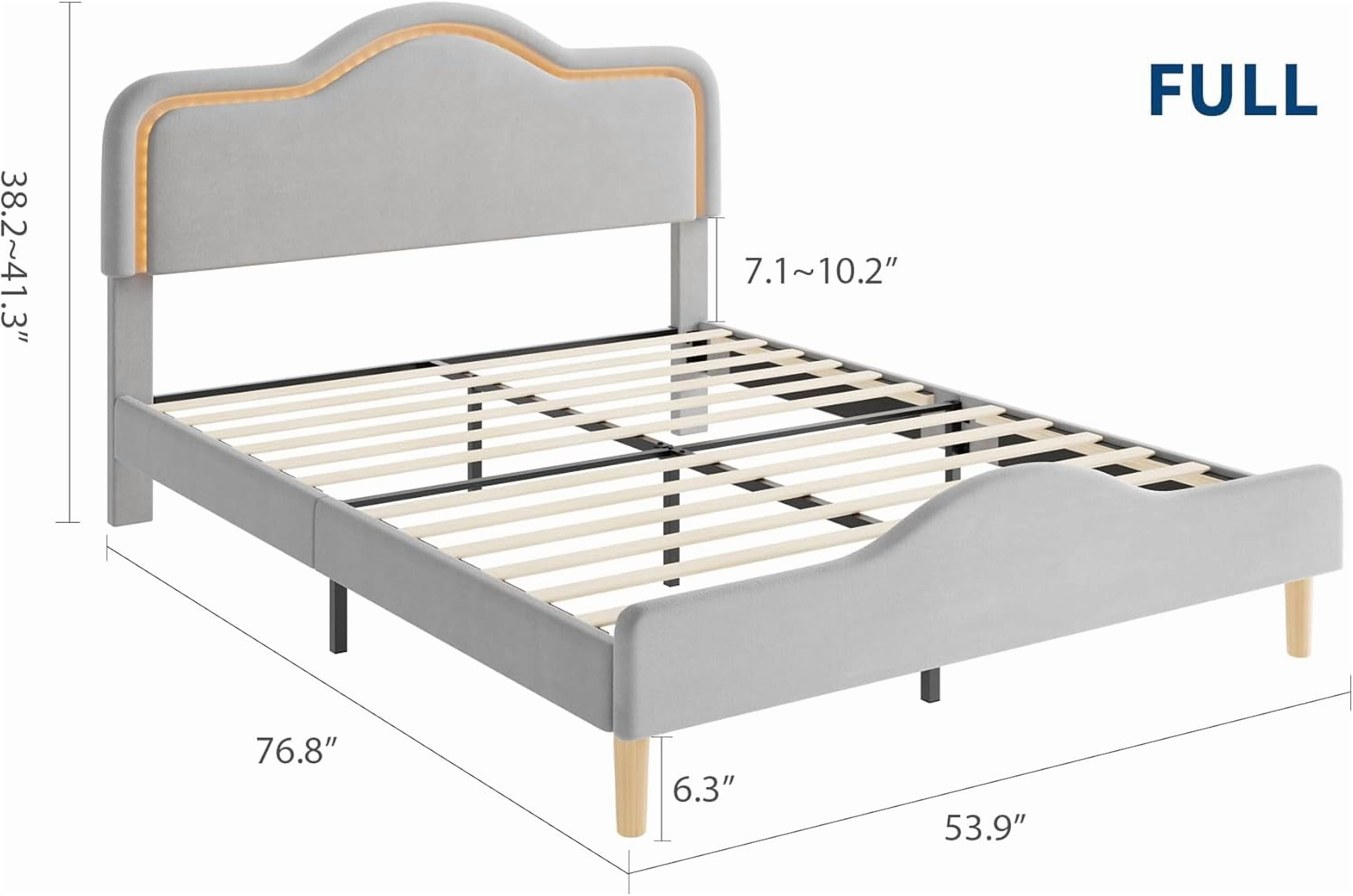 Full Size Upholstered LED Bed Frame with Adjustable Headboard and Footboard, Velvet Princess Platform Bedframe /, Wooden Slats Support, No Box Spring Needed, Easy Assembly, Gray