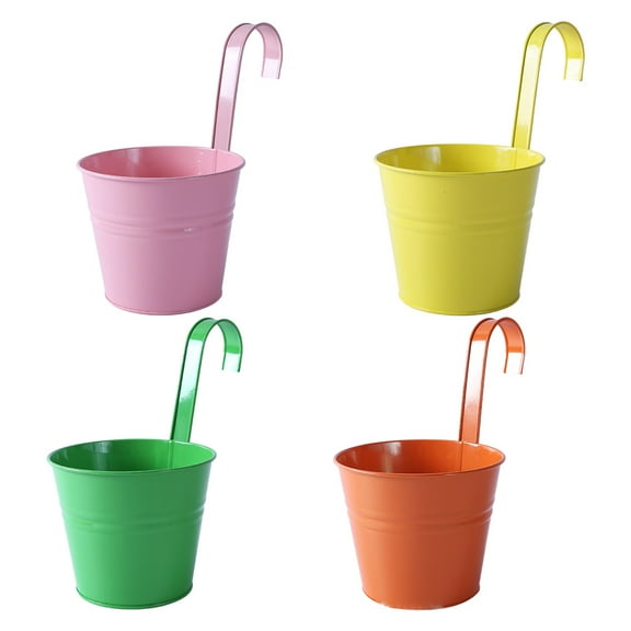 OATIPHO 4Pcs Iron Plant Buckets with Drainage and Hooks for Hanging and Tabletop Plant Storage Containers