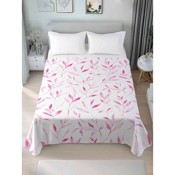 Pink Leaf King Size Flat Sheet, Wrinkleproof & Fadeproof Cooling Flat Bed Sheet Only, Modern Botanical Foliage Plant Country Flower Breathable Soft Bedding Top Sheets 105 x 98 Inches