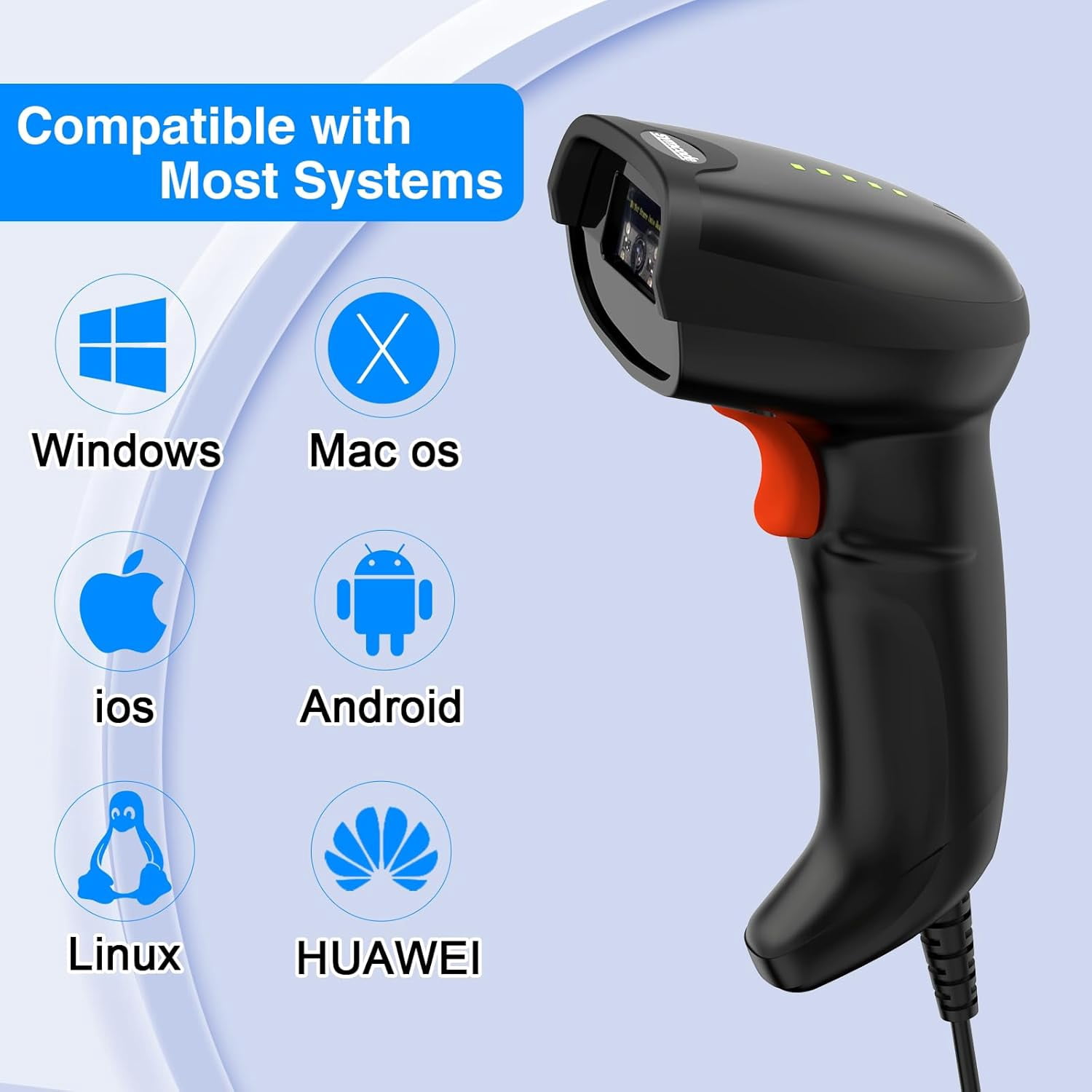 USB Barcode Scanner Handheld Wired Automatic Bar Code Scanner with Long USB Cable for Mobile Payment, Convenience Store, Supermarket, Warehouse