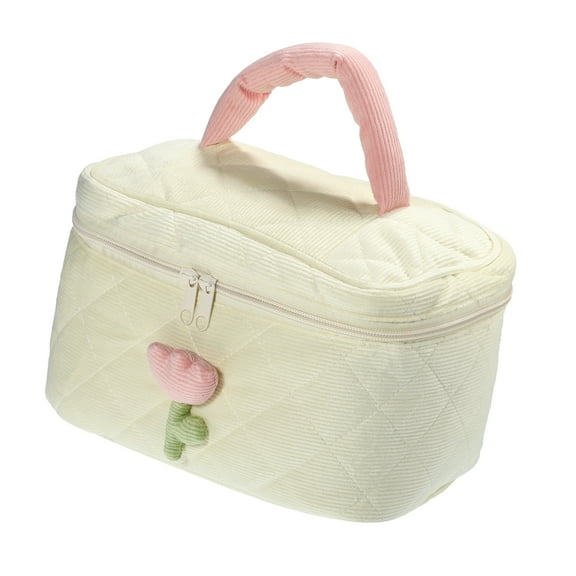 Unique Bargains 1Pc Corduroy Makeup Bag Large Cosmetic Bag Aesthetic Cute Tulip Flower Pattern Makeup Bag White