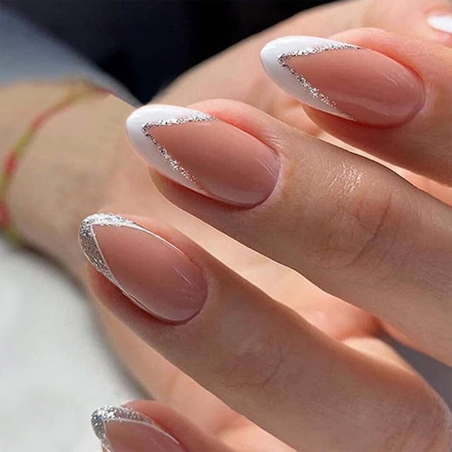 24 uñas postizas con punta francesa XCF color blanco con brillo borde plateado cortas con pegamento