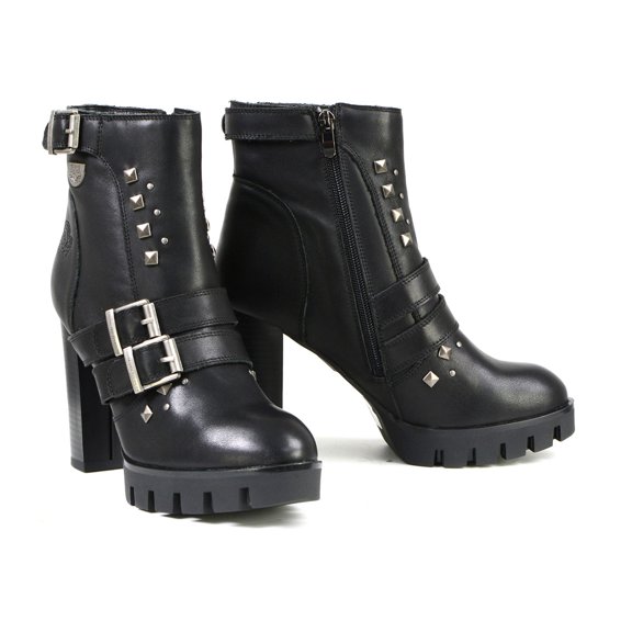 Milwaukee Leather MBL9456 Women's Premium Black Leather Fashion Platform Boots with Straps 8
