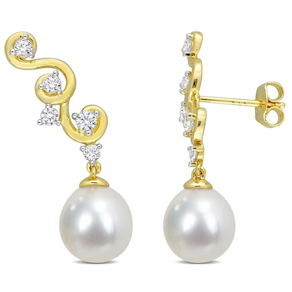 Everly Women's Cultured Pearl and Created Sapphire Yellow Gold Plated Earrings