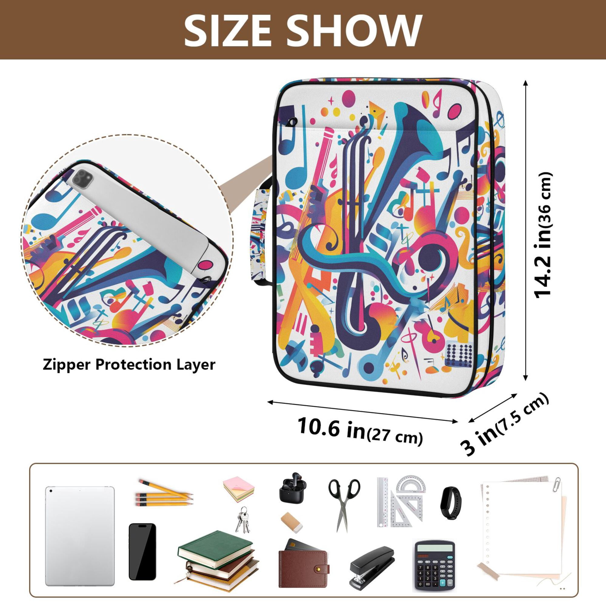 FORMRS Accordion File Folder A4 Size 7-Pocket Expanding Document Organizer Bag with 3 Ring Binder, Musical Pattern