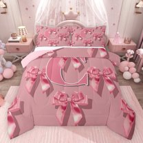 Castle Fairy Personalized Initial Alphabet Pink C Bedding Comforter Set 2pcs for Adults Female Men Women,Dreamy Princess Bow Tie Twin Comforter Sets Microfiber,Ribbon Bow Initial Bedding Set
