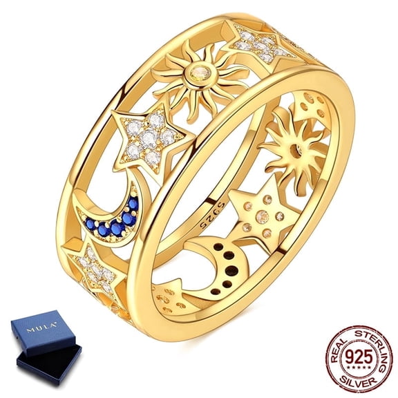 MULA European 925 Sterling Silver Gold Plated Ring for Women, Stars Moon Sun Hypoallergenic Sparkling Blue AAA CZ Jewelry Birthday Gift Size 6